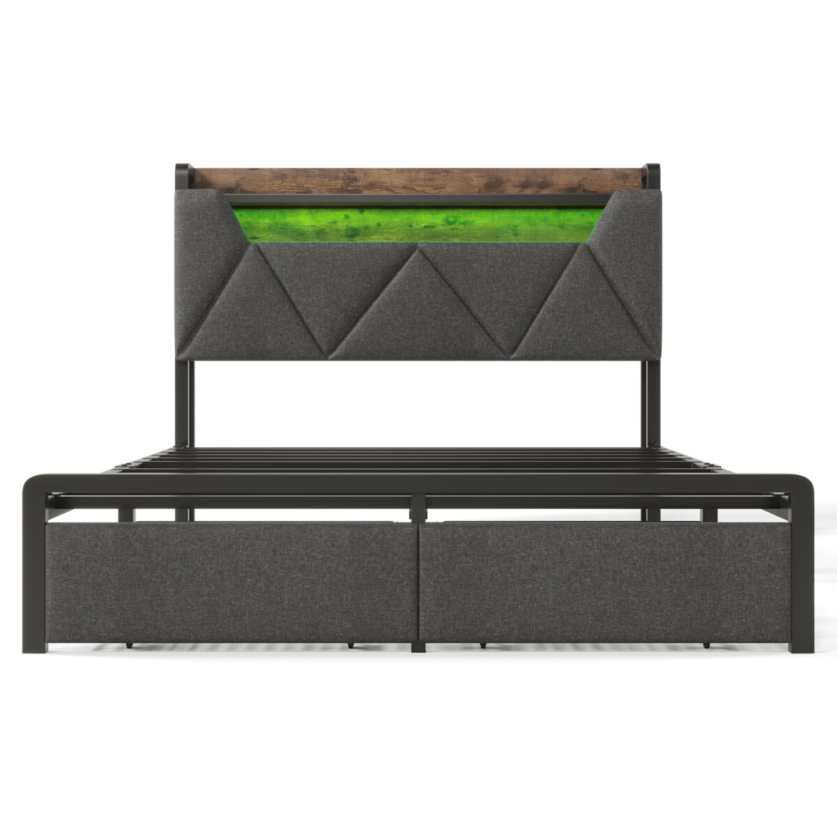 Cama de casal 160x200cm - cabeceira com compartimento de armazenamento com carregador usb tipo c, iluminação led e gavetas - cinza