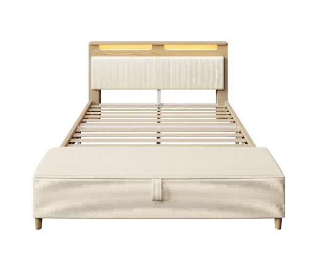 Cama de casal 160x200 cm - cabeceira com arrumação, iluminação led, encosto almofadado bege, com banco de arrumação - madeira clara