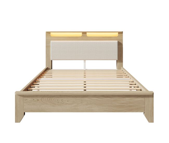 Cama de casal 140x200 cm - cabeceira com arrumação, iluminação led e encosto em veludo bege - carvalho claro