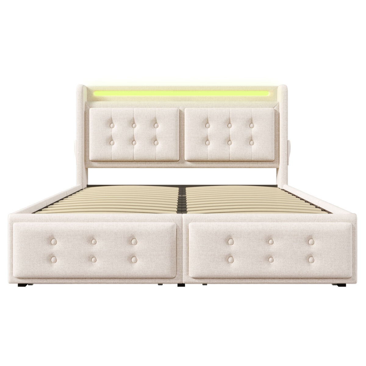 Cama estofada 160x200 - cabeceira led, carregamento usb c, 4 gavetas, estrado de madeira e metal, 300 kg - bege