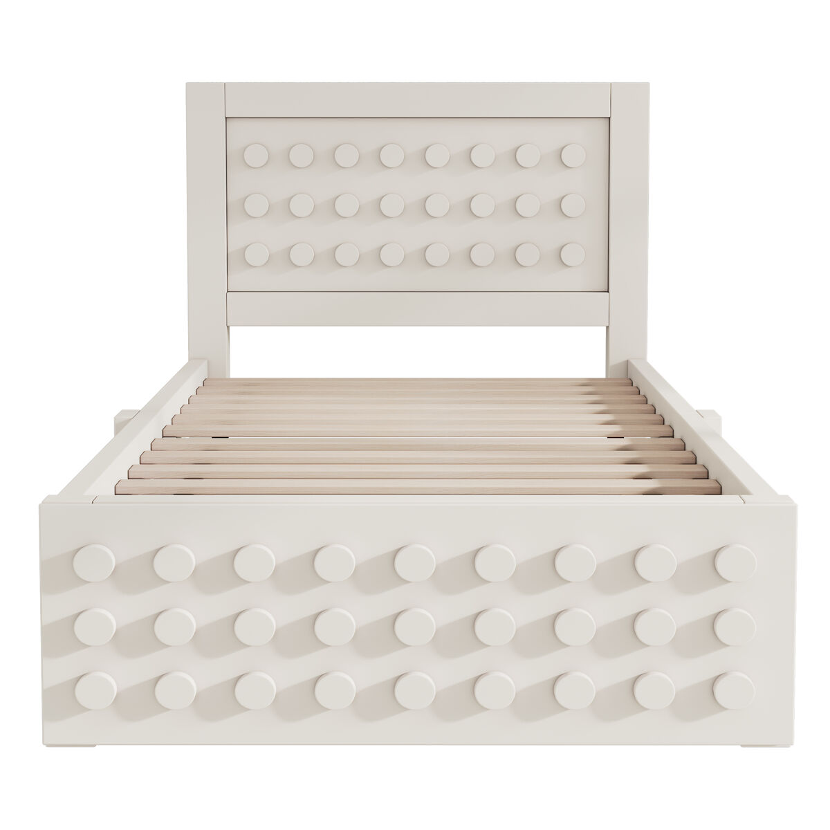 Cama individual 90x200 cm - design criativo com blocos, estrutura em madeira maciça com estrado, com gavetas e arrumação debaixo da cama - branco