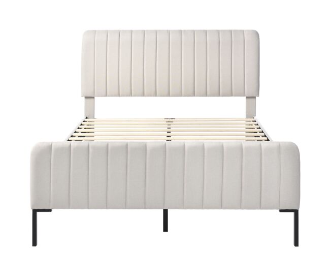 Cama individual estofada 160x200 - cabeceira ajustável, estrado incluído, estrutura em linho - cinza-bege