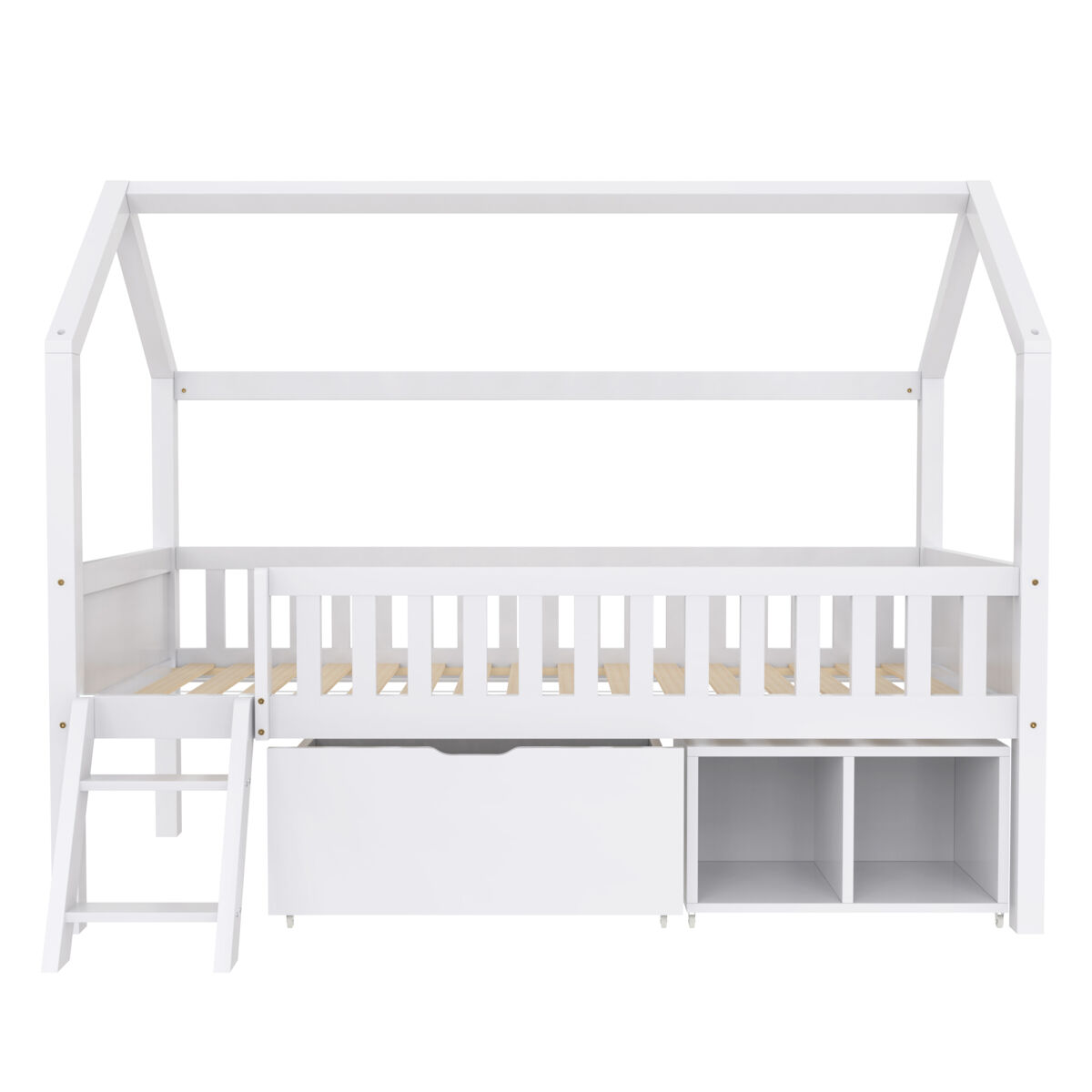 Cama infantil juvenil 200x90 com gavetas e prateleiras com grade de proteção contra quedas - branco