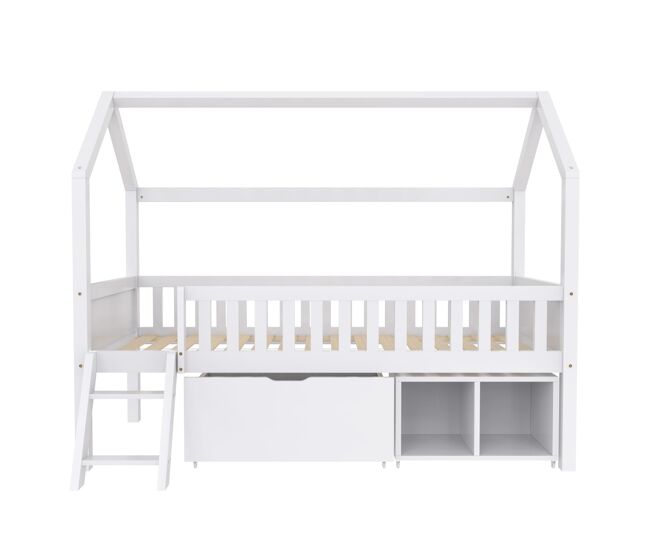 Cama infantil juvenil 200x90 com gavetas e prateleiras com grade de proteção contra quedas - branco