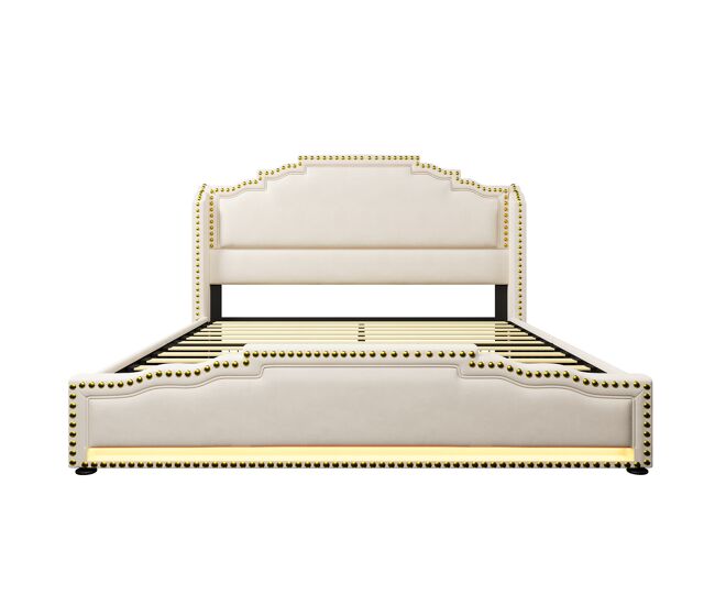 Cama polsterbett 160x200 - com 4 gavetas, iluminação led e porta usb-c, cama com arrumação e estrado, veludo - bege
