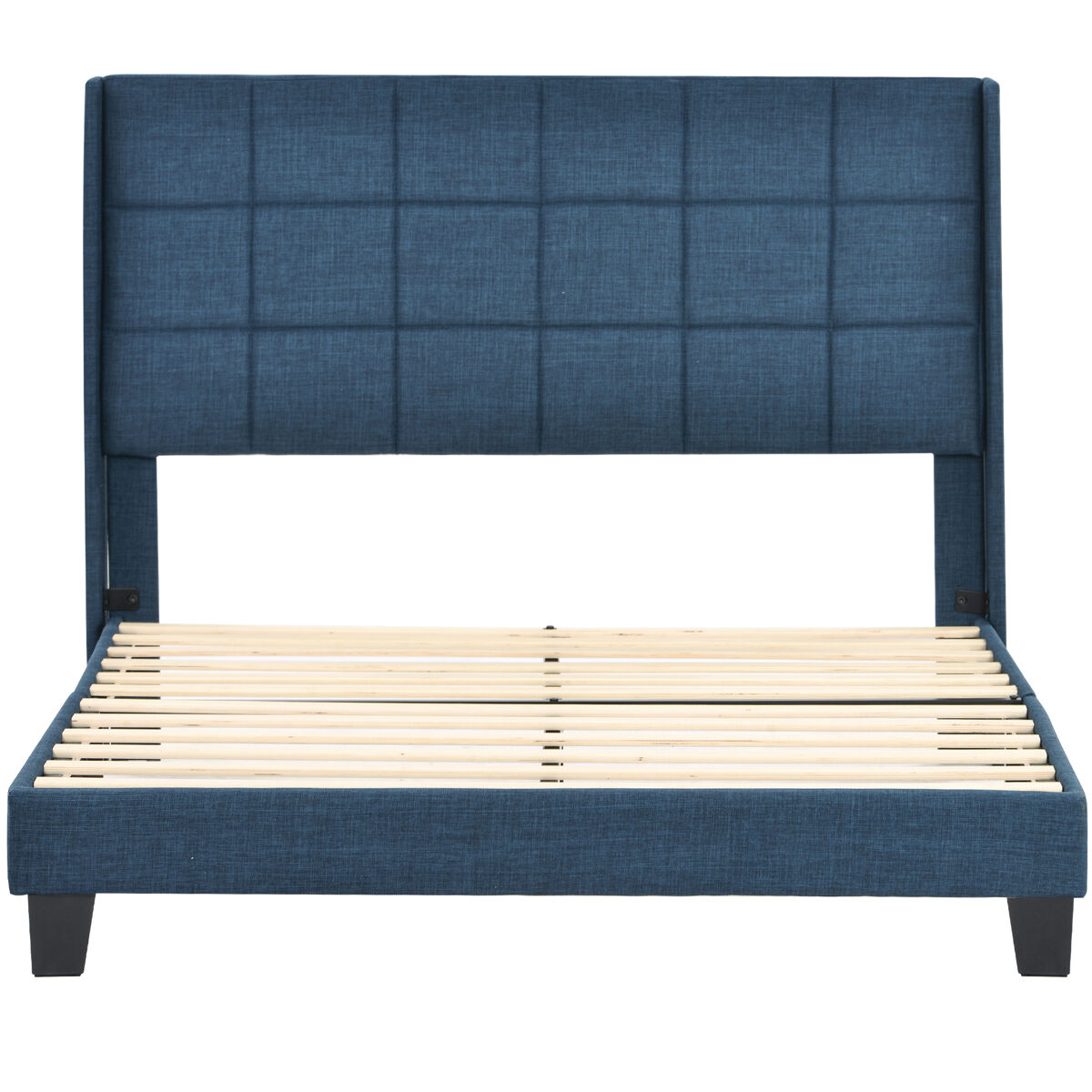 Cama polsterbett 140x200cm - com cabeceira acolchoada, com estrado, de linho azul, firmeza média - azul