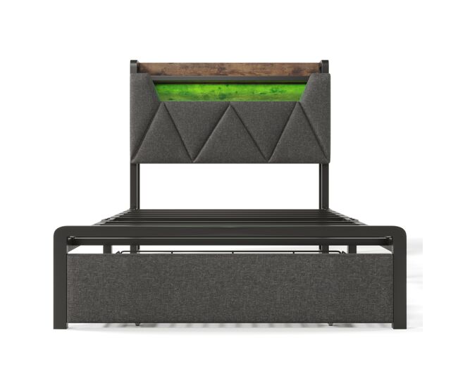 Cama individual 90x200 cm - cama com função de carregamento usb tipo c, cabeceira com arrumação, iluminação led e gavetas - cinza