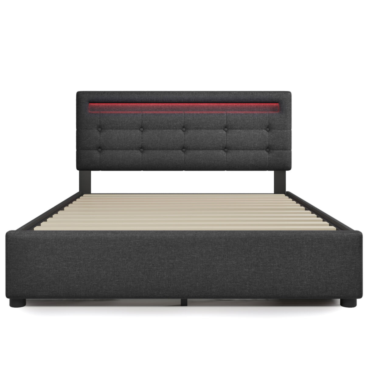 Cama estofada 140x200 cm - com led, 4 gavetas, cabeceira ajustável, estrado de madeira - cinza