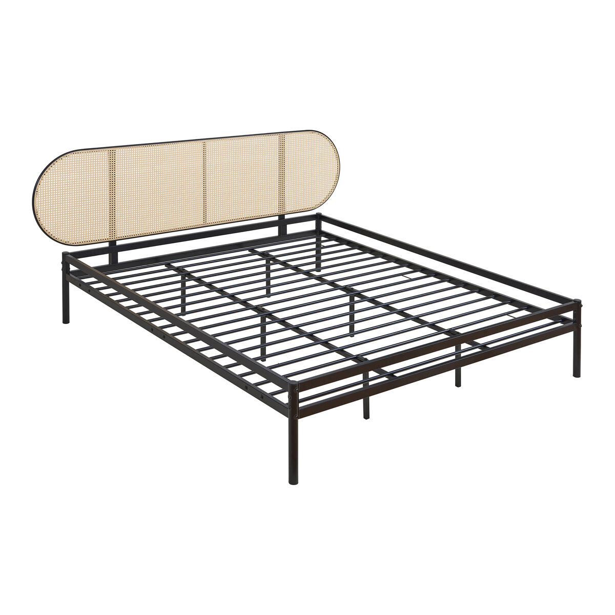 Cama metálica linköping com cabeceira ovalada + colchão 180x200cm preto / efeito rattan [en.casa]