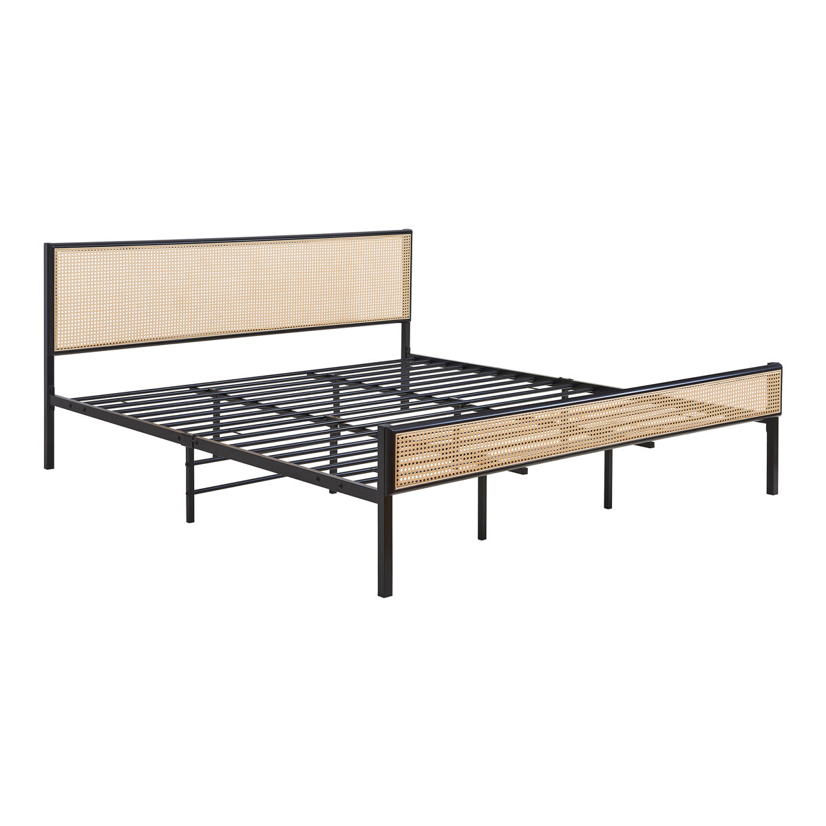 Cama metálica linköping com cabeceira rectangular 180x200cm preto / efeito rattan [en.casa]