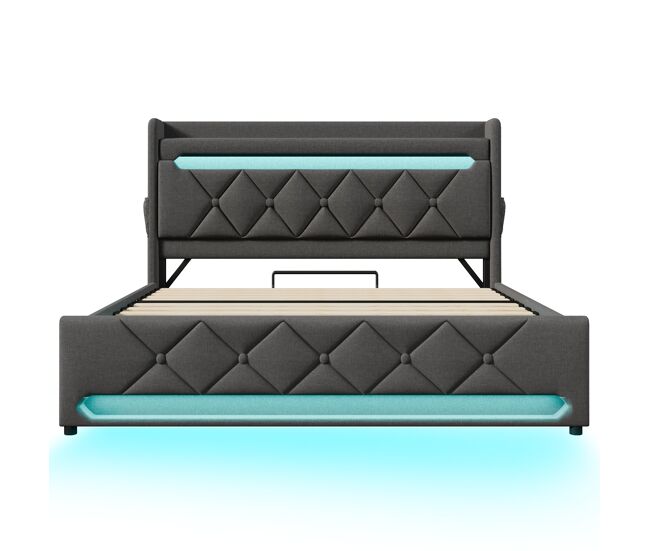 Cama de casal 140x200 - com cabeceira com arrumação, usb e porta tipo c, luzes led 360° e espaço hidráulico - cinza