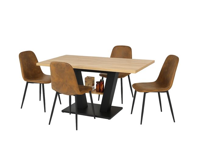 Conjunto de jantar extensível efeito madeira 118-157 cm com 4 cadeiras estofadas em efeito camurça castanha