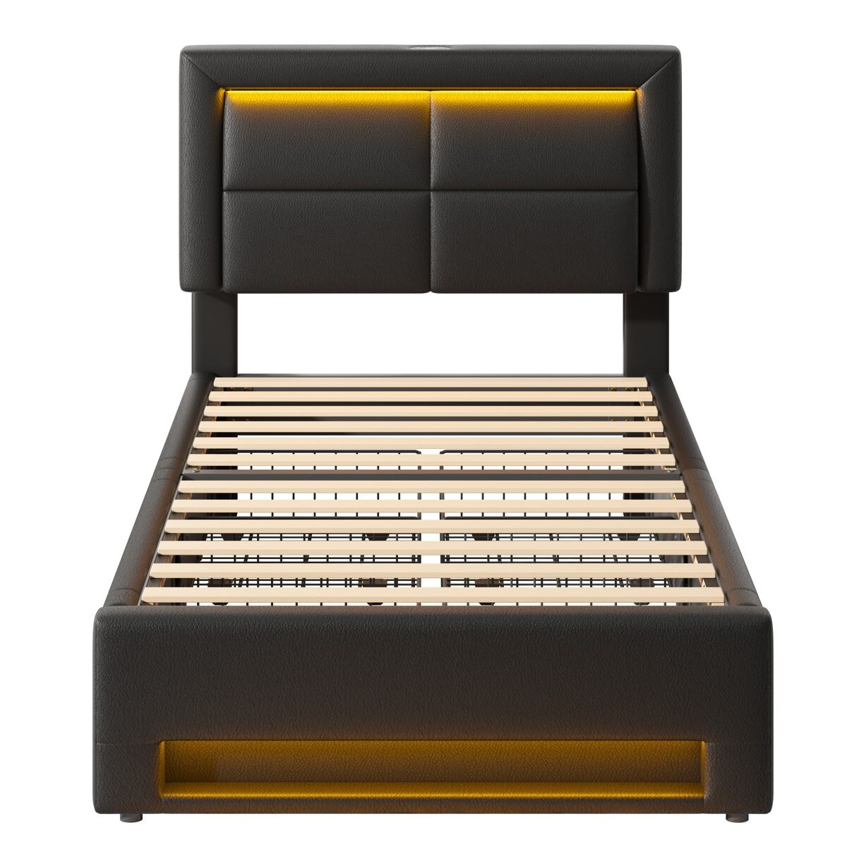 Cama estofada 90x190 - com porta usb, carregamento sem fios e com fios, led e 4 gavetas - preto