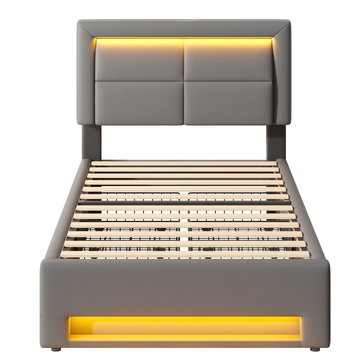 Cama estofada 90x190 cm - com porta usb, carregamento sem fios e com fios, led e quatro gavetas - cinza