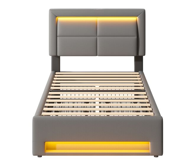 Cama estofada 90x190 cm - com porta usb, carregamento sem fios e com fios, led e quatro gavetas - cinza