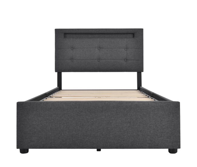 Cama estofada 90x200cm - com led, 2 gavetas, cabeceira ajustável, estrutura em madeira - cinza