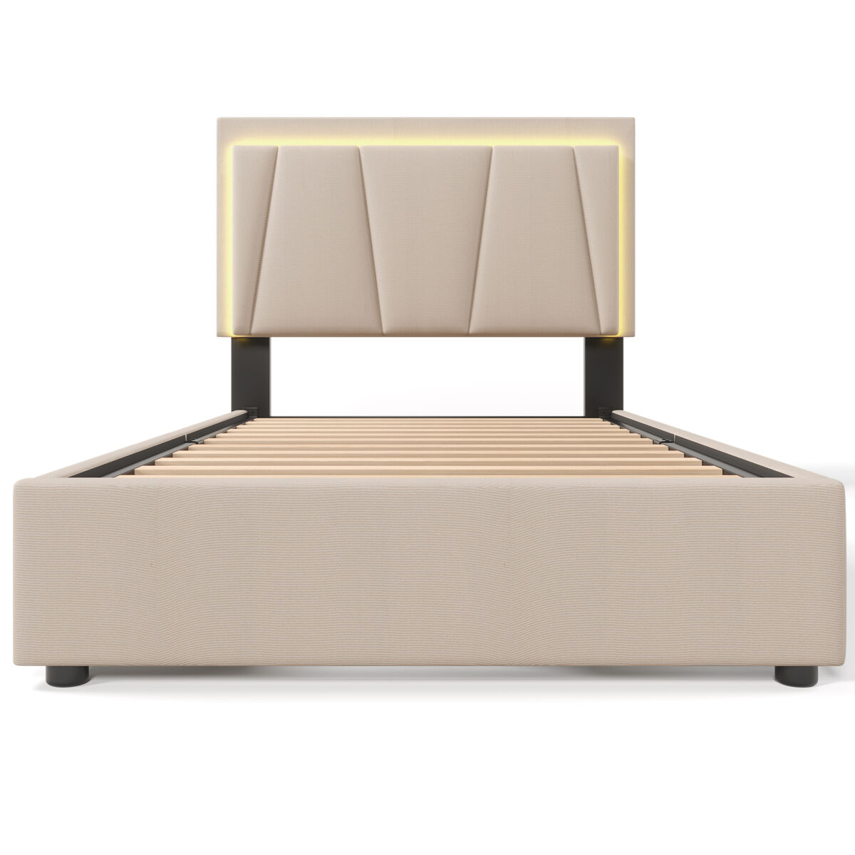 Cama estofada 90x200cm - com led, 2 gavetas, cabeceira ajustável, base de madeira, bege