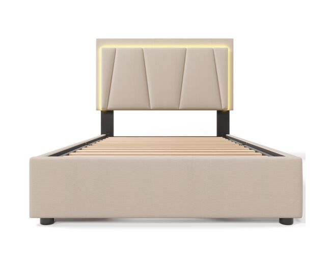 Cama estofada 90x200cm - com led, 2 gavetas, cabeceira ajustável, base de madeira, bege