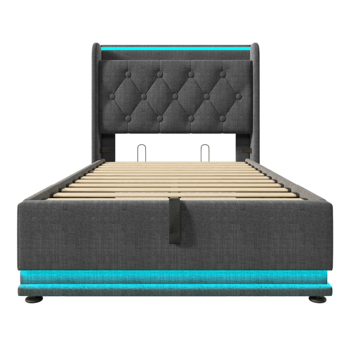 Cama individual 90x200 - led 360 surround, hidráulica, cabeceira estofada com usb tipo-c - cinza