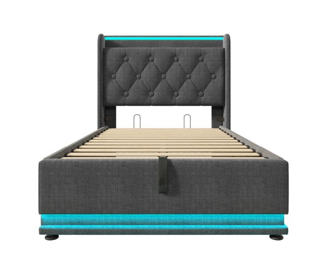 Cama individual 90x200 - led 360 surround, hidráulica, cabeceira estofada com usb tipo-c - cinza