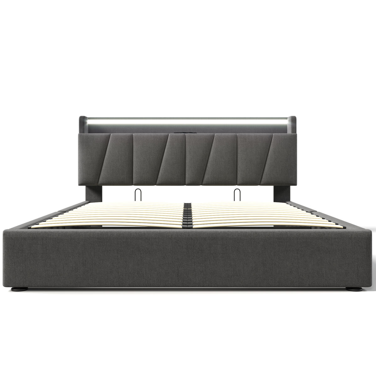 Cama estofada 140x200cm - função de carregamento usb, cabeceira, iluminação led, 4 gavetas, estrutura em madeira - cinza