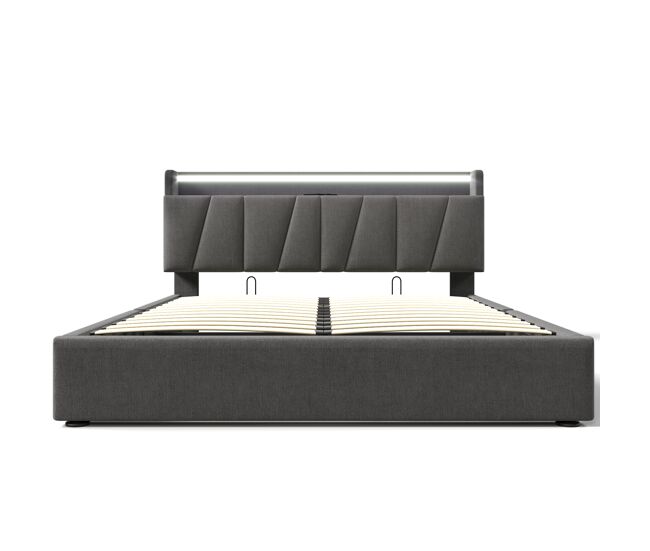 Cama estofada 140x200cm - função de carregamento usb, cabeceira, iluminação led, 4 gavetas, estrutura em madeira - cinza