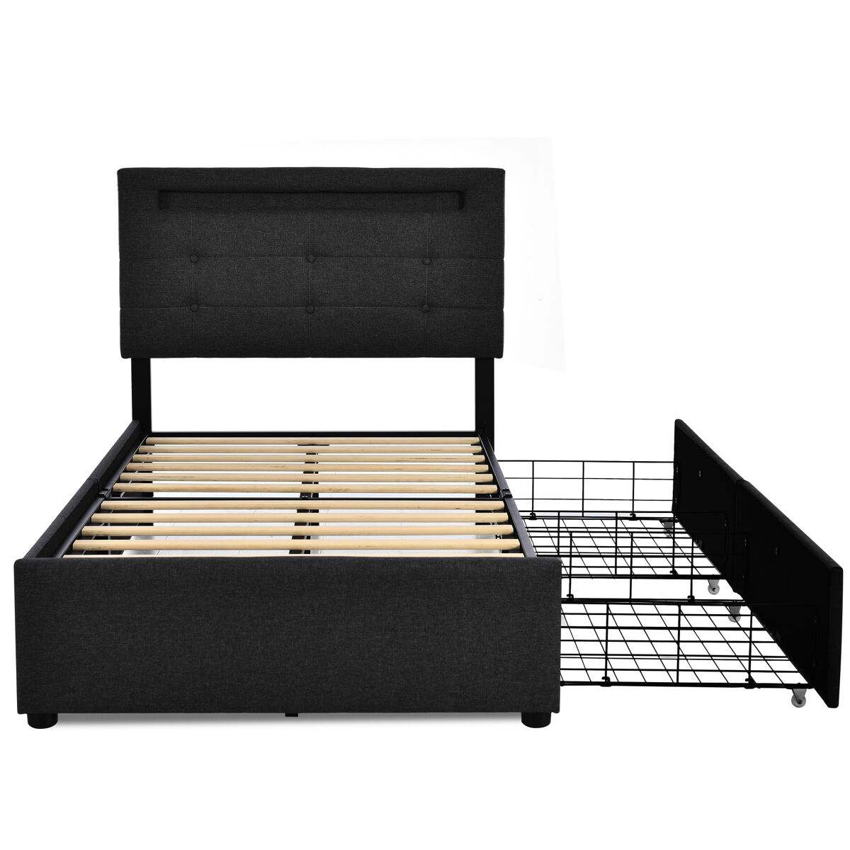 Cama estofada 90x200cm - com led e 2 gavetas, cabeceira ajustável, estrado de madeira, inclui colchão - preto