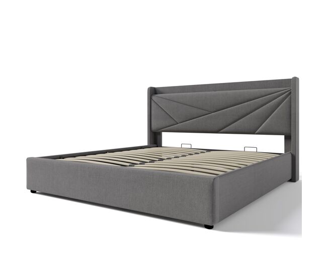 Cama de casal estofada 160x200 - com arrumação, usb tipo c e cabeceira em linho - bege