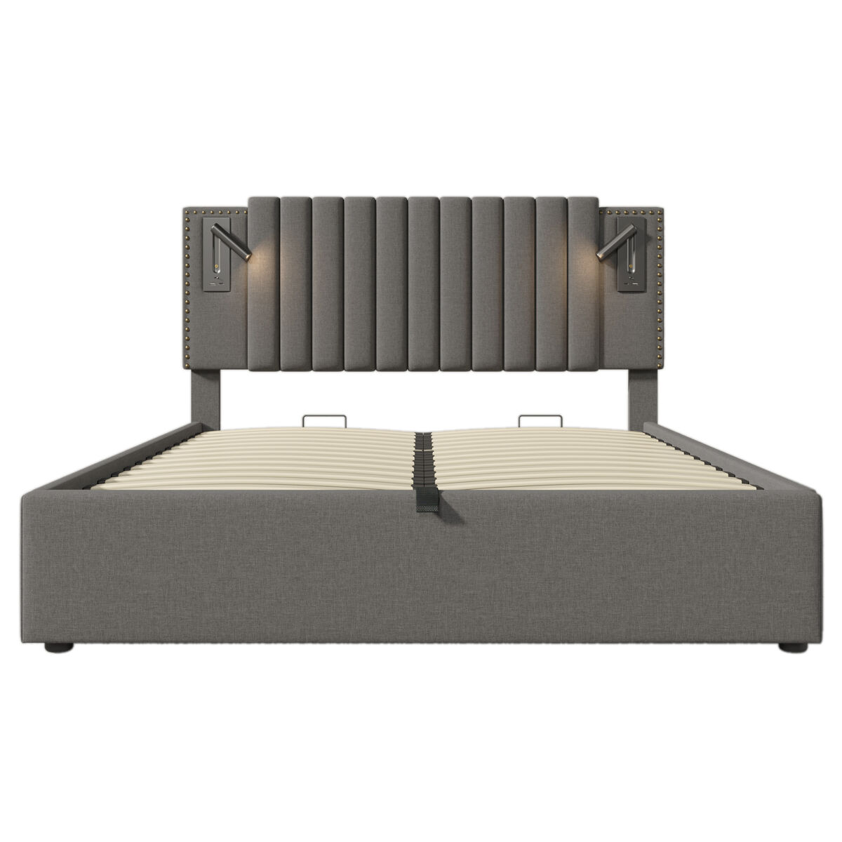 Cama estofada 160x200 cm - com arrumação, cabeceira com luz led usb, design com tachas, com estrado e colchão - cinza