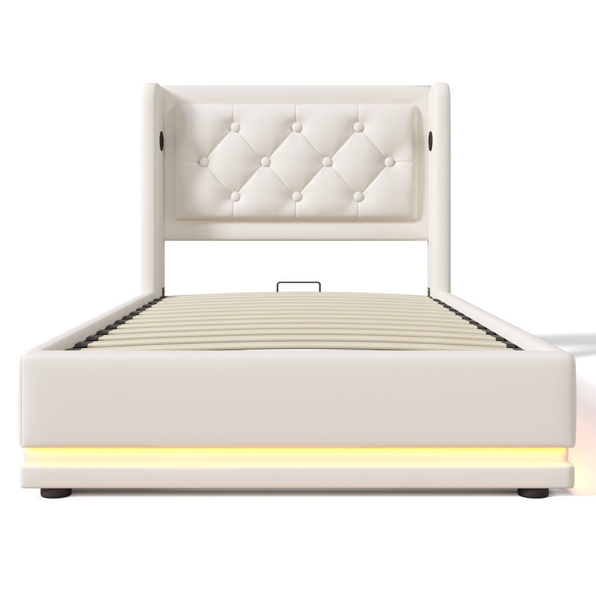 Cama estofada 90*200 cm - material pu, cama hidráulica com arrumação, cabeceira acolchoada com carregador usb tipo-c, função led em 3 lados - branco