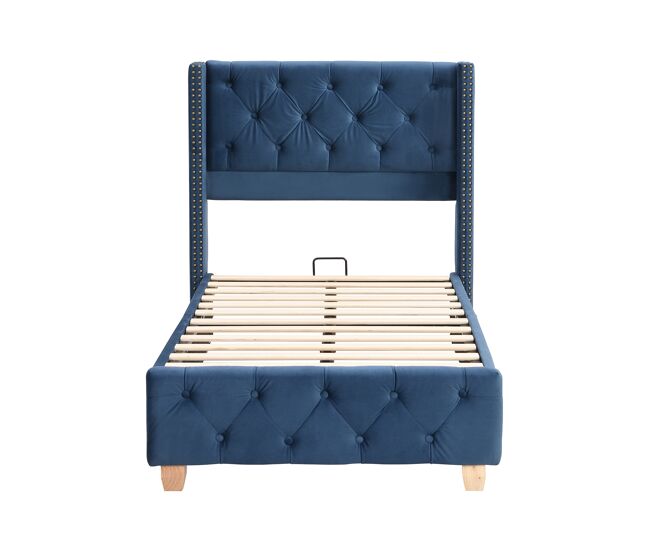 Cama estofada 90*200 - cabeceira acolchoada com botões e tachas, estrado de madeira - azul