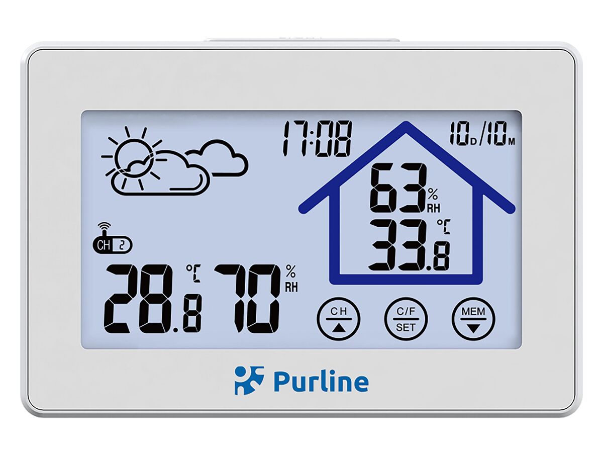 Estação meteorológica multifuncional com informações sobre humidade, poluição e qualidade do ar ambiente. tem visor lcd com ícones animados.