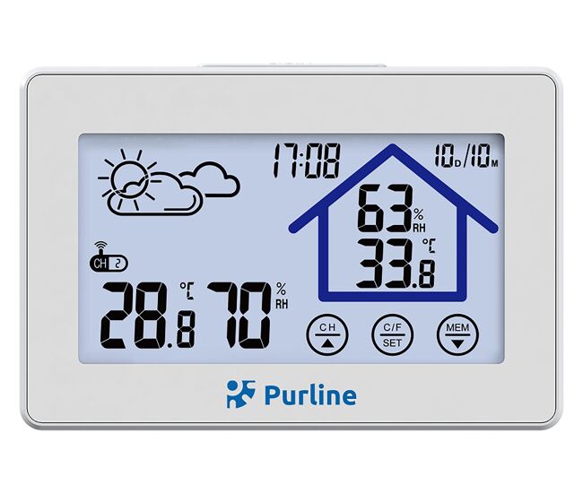 Estação meteorológica multifuncional com informações sobre humidade, poluição e qualidade do ar ambiente. tem visor lcd com ícones animados.
