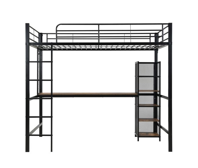 Cama alta 90x200 - cama de ferro com secretária e estante múltipla, grade e escada robusta - preto + madeira escura