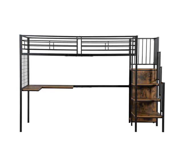 Beliche 90x200cm - com mesa e armário, com escada lateral, ferro e painel de partículas - preto+madeira escura