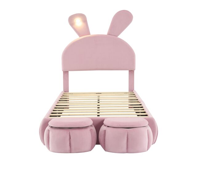 Cama individual 90x200cm - cama com orelhas de coelho, fitas de luz quente ajustáveis, 2 bancos com arrumação - rosa