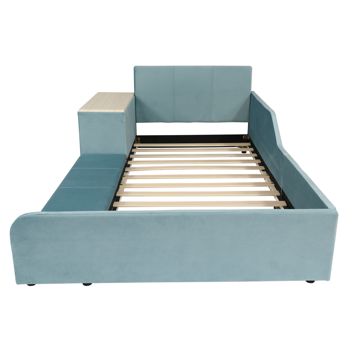 Cama individual 90x200cm - cama com secretária e banco para crianças, com prateleira, cabeceira macia, ripas de madeira, veludo - azul