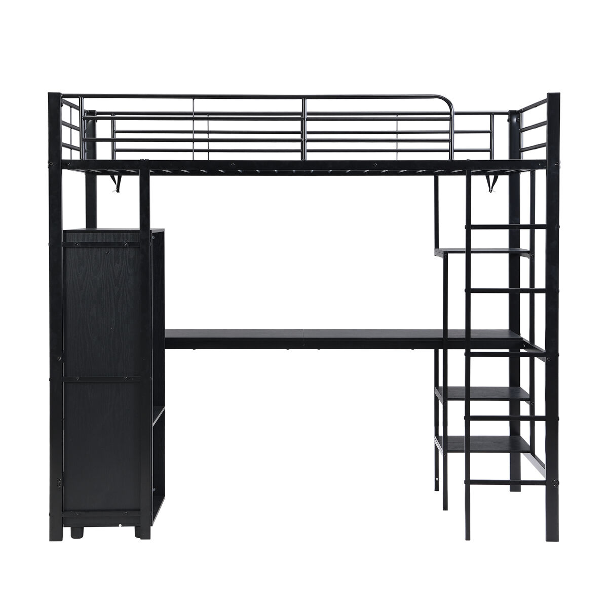 Beliche 90x200cm - com mesa e armário, com escada de 5 degraus, estrutura de ferro, cor preta