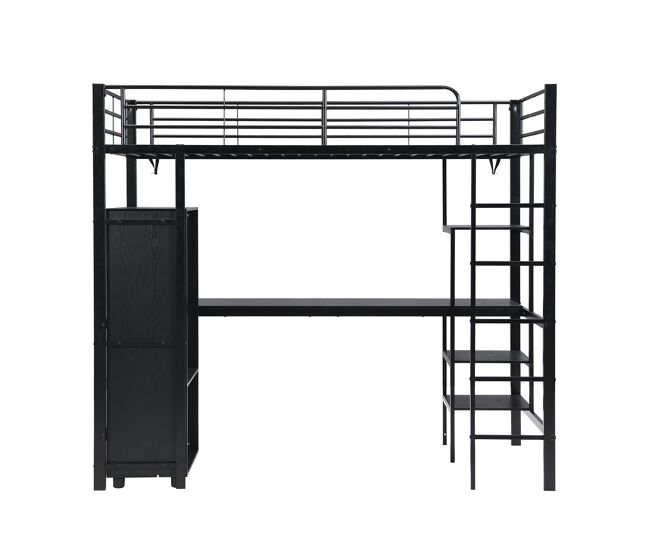 Beliche 90x200cm - com mesa e armário, com escada de 5 degraus, estrutura de ferro, cor preta