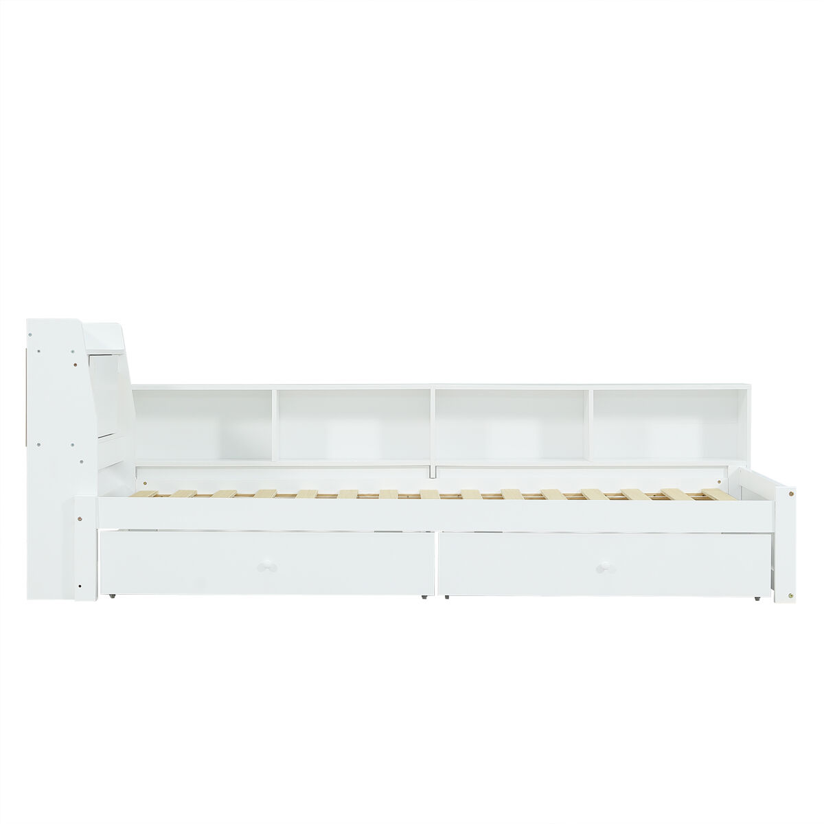 Cama individual 90x200 - cabeceira com prateleira e luzes, porta de carregamento, armários e gavetas laterais - branco