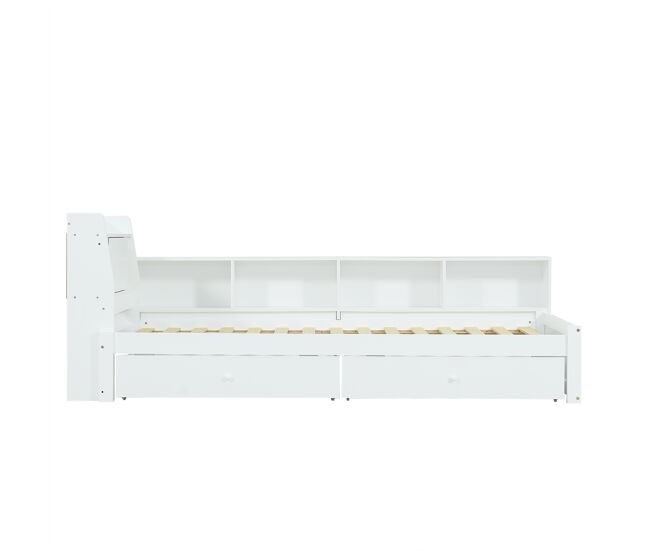 Cama individual 90x200 - cabeceira com prateleira e luzes, porta de carregamento, armários e gavetas laterais - branco
