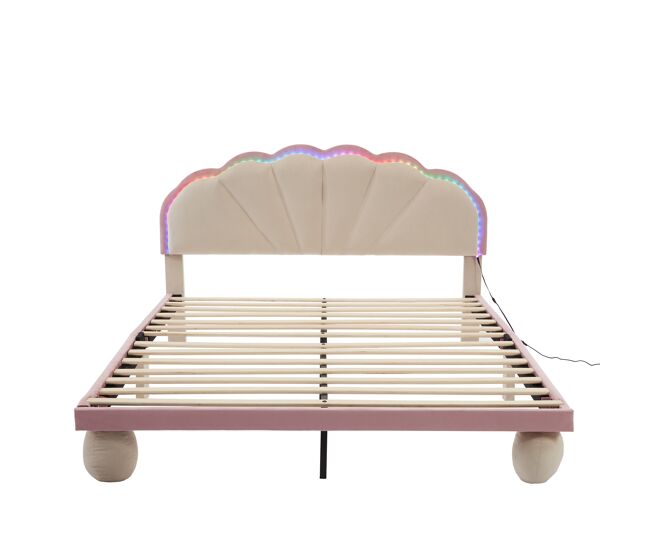 Cama estofada 140x200cm - cama juvenil com luzes led multicoloridas, cabeceira com design ondulado, pés redondos acolchoados - bege+rosa