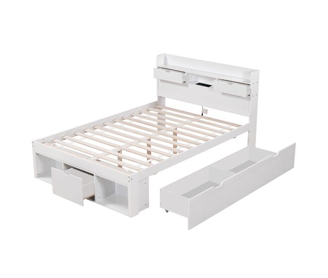 Cama de casal 140x190 - multifuncional com usb, gavetas e armário, grande capacidade de arrumação - branco