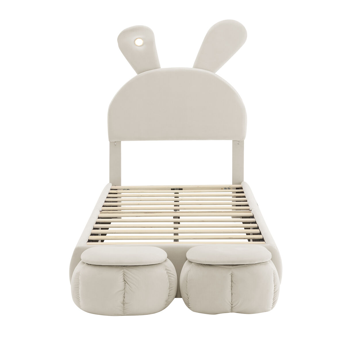 Cama individual 90x200 cm - com orelhas de coelho, luz quente regulável, dois bancos com arrumação - bege