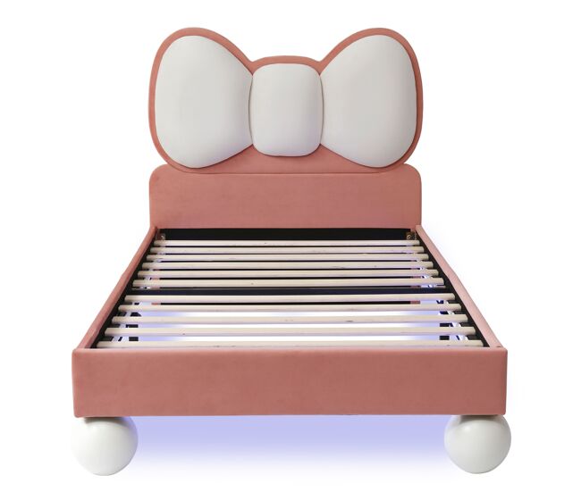 Cama individual 90x200 - cabeceira em forma de laço, led ajustável, estrutura estável, design elegante - bege + rosa