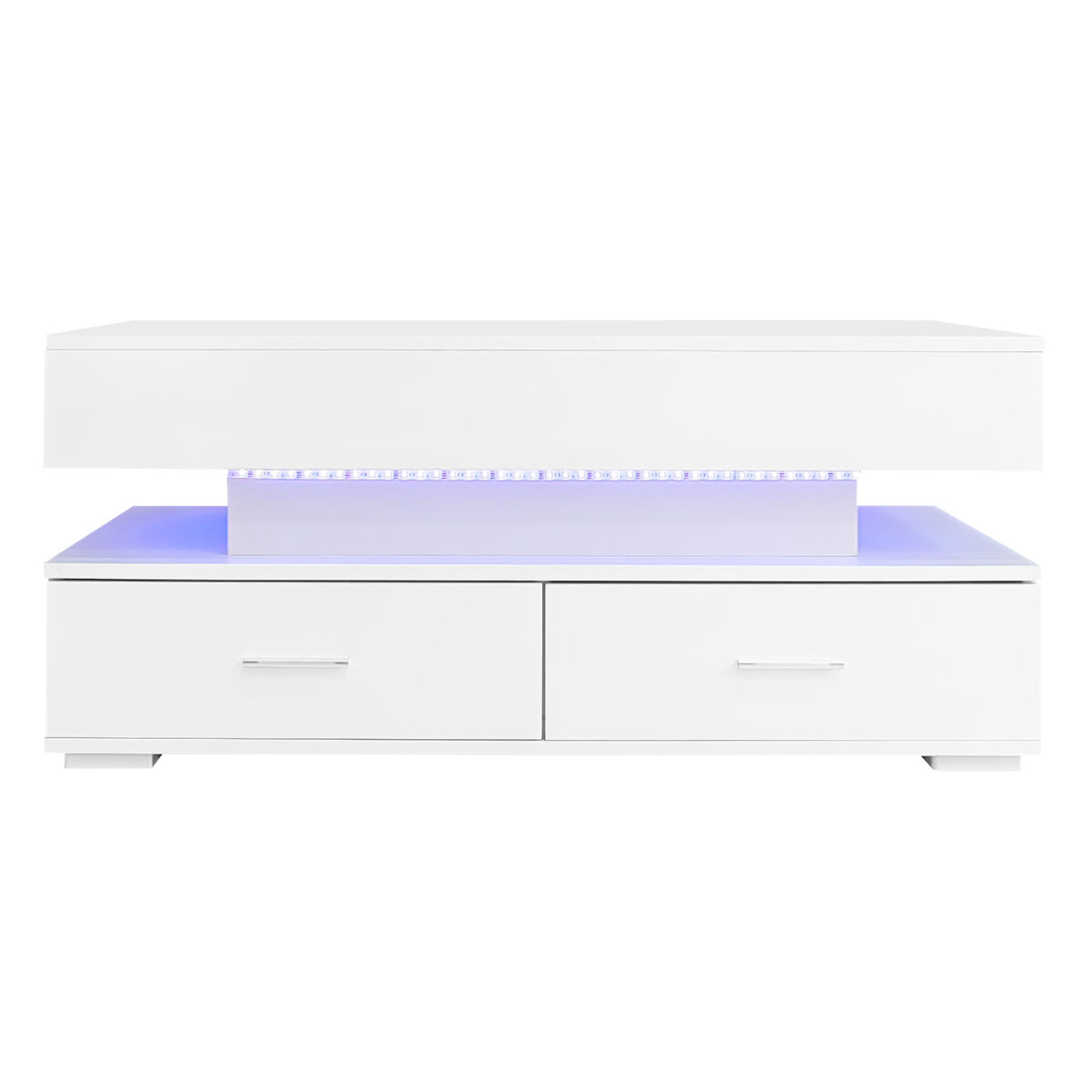 Mesa de centro hidráulica 100x50x44 cm - com led, controlo por aplicação bluetooth, 2 gavetas e arrumação aberta - branco