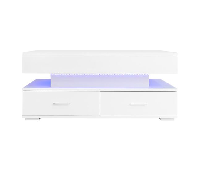 Mesa de centro hidráulica 100x50x44 cm - com led, controlo por aplicação bluetooth, 2 gavetas e arrumação aberta - branco