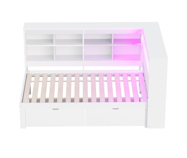 Sofá-cama 90x200 cm - com arrumação, cama com usb e tomada, com prateleiras e bandejas, muita capacidade, cama multifuncional em madeira - branco