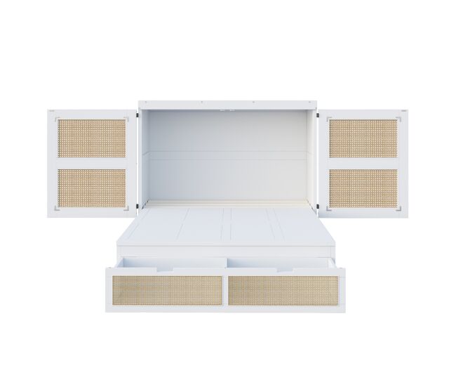 Cama rebatível 140x200 cm - com estrado, vertical, com gavetas de arrumação, design em rattan - branco