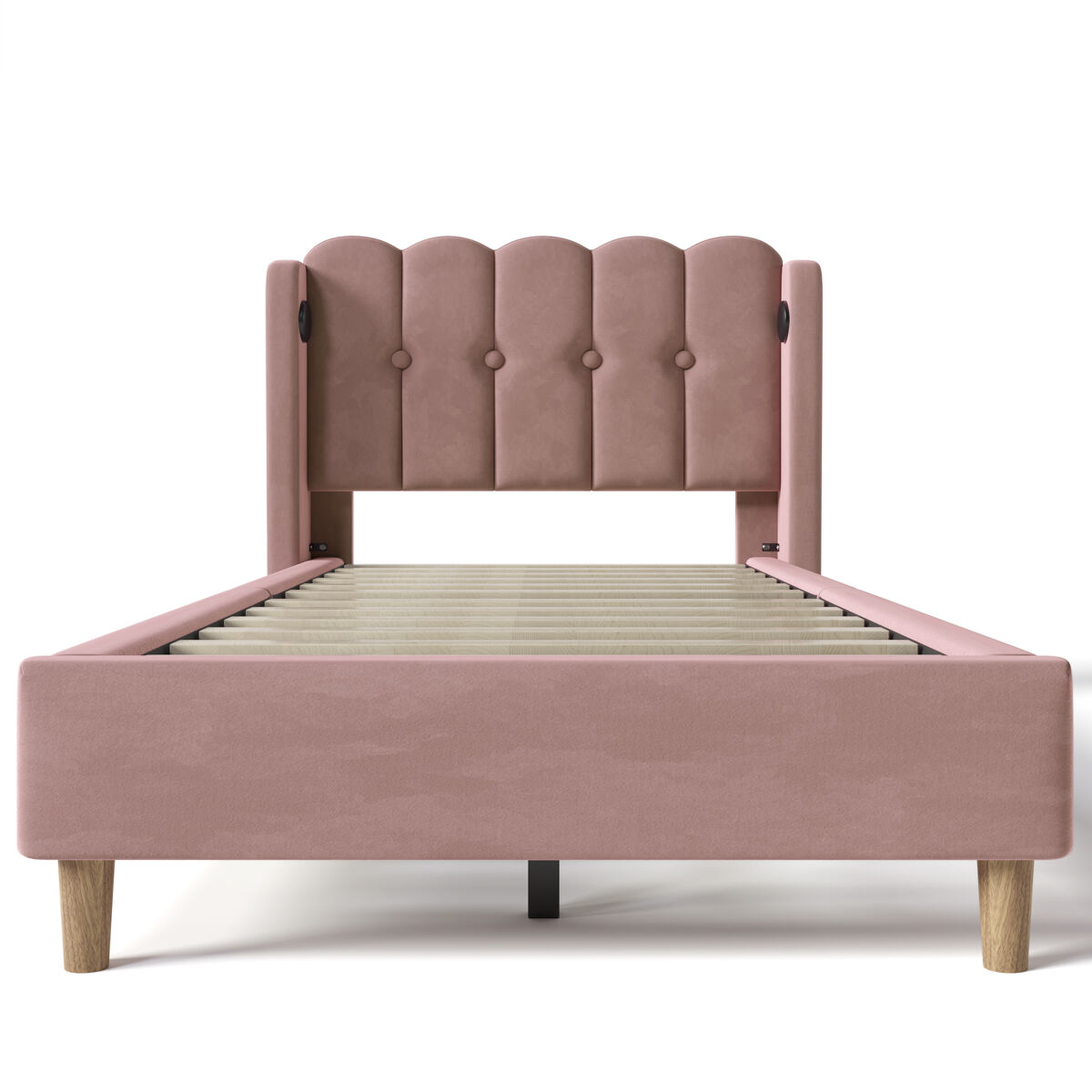 Cama individual 90x200 cm - com função de carregamento usb tipo c, cabeceira acolchoada, estrutura de cama com estrado - rosa